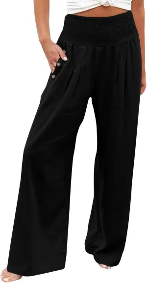 Linen Wide Leg Pants for Women Summer Casual Pleated Elastic High Waistband Palazzo Trousers Beach Yoga Trousers with Pockets