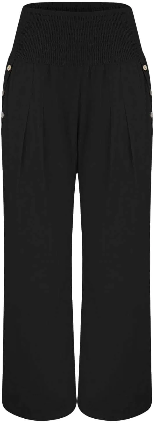 Linen Wide Leg Pants for Women Summer Casual Pleated Elastic High Waistband Palazzo Trousers Beach Yoga Trousers with Pockets