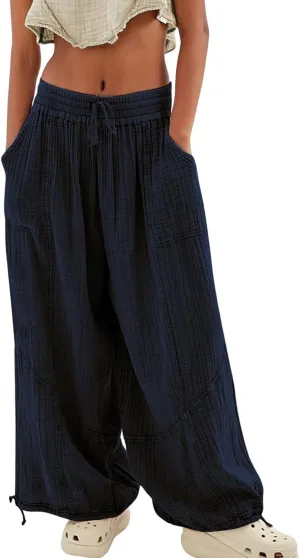 LOAIHA Women's Wide Leg Baggy Pants Drawstring Elastic Waist Harem Pants Casual Palazzo Lounge Trousers with Pockets