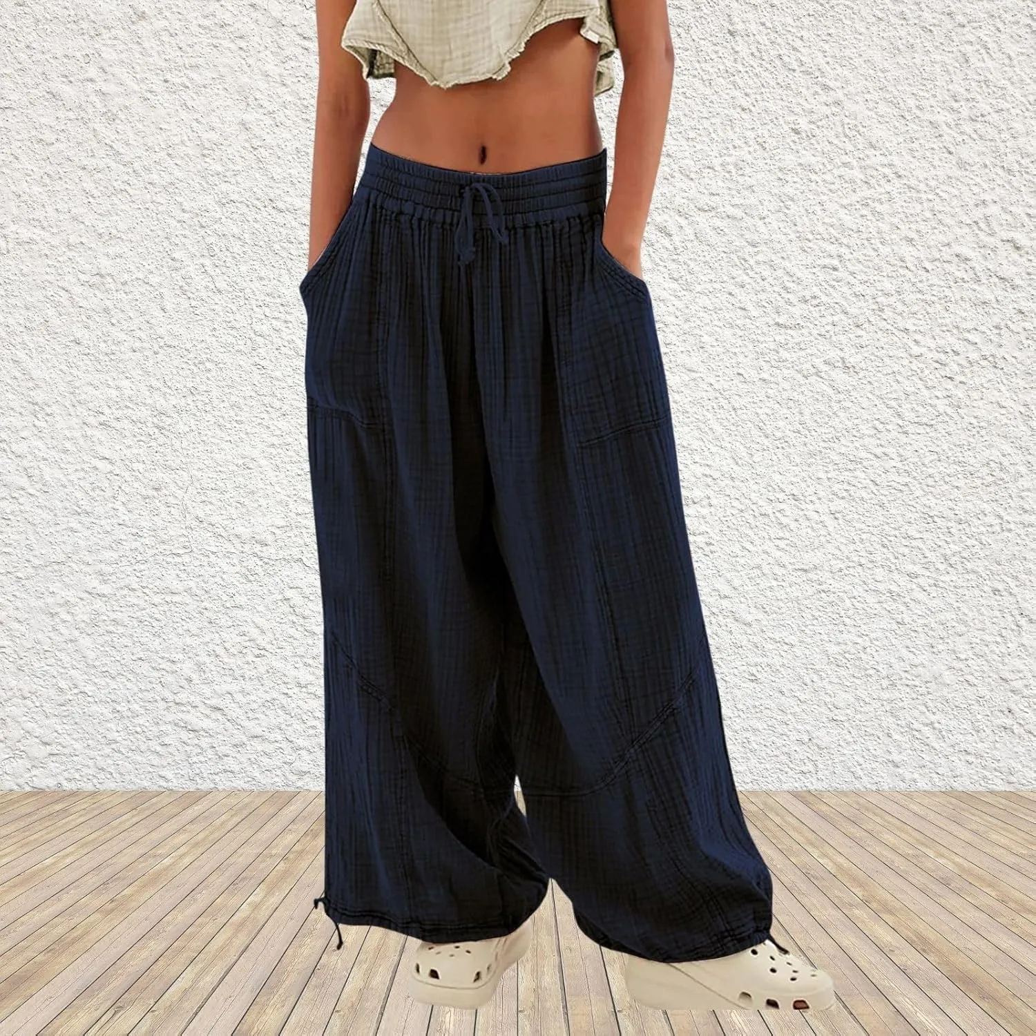 LOAIHA Women's Wide Leg Baggy Pants Drawstring Elastic Waist Harem Pants Casual Palazzo Lounge Trousers with Pockets