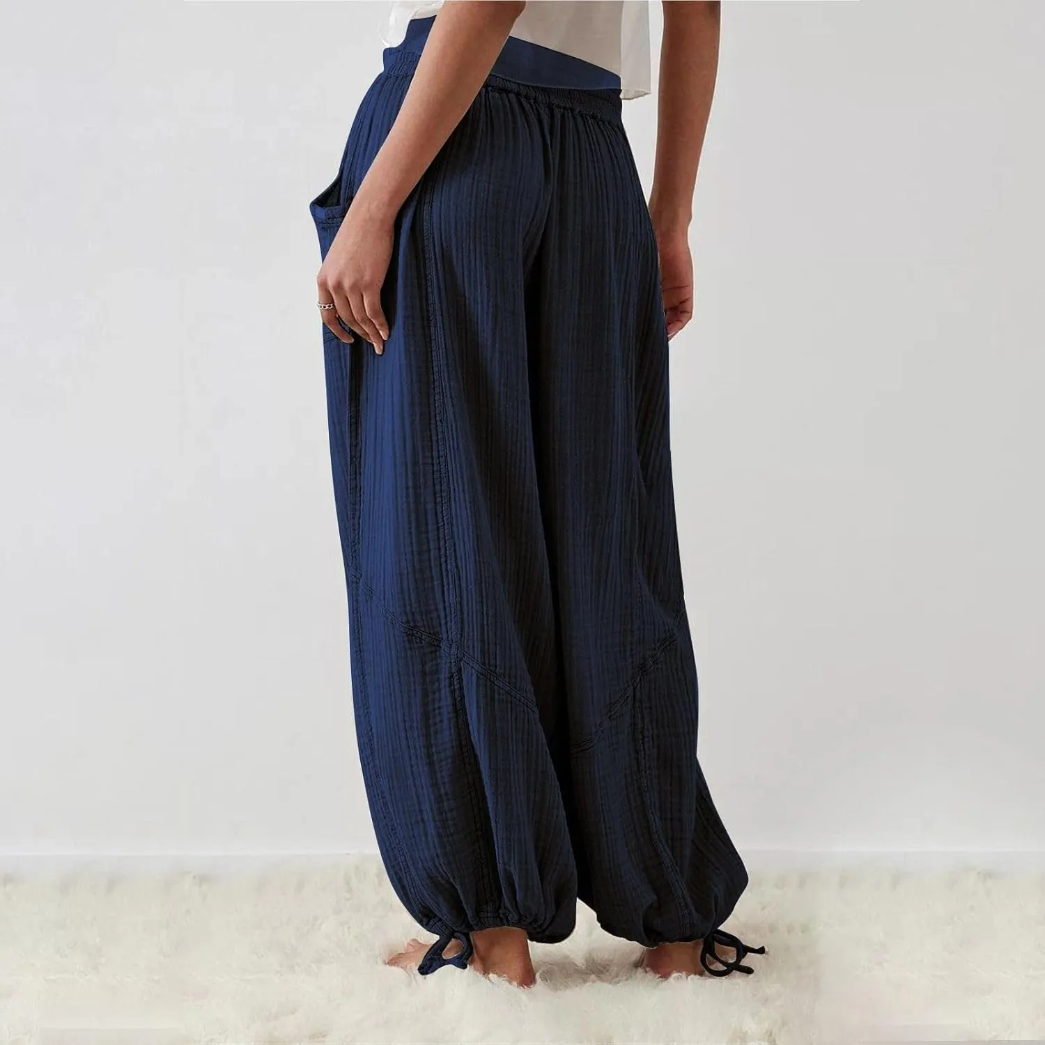LOAIHA Women's Wide Leg Baggy Pants Drawstring Elastic Waist Harem Pants Casual Palazzo Lounge Trousers with Pockets