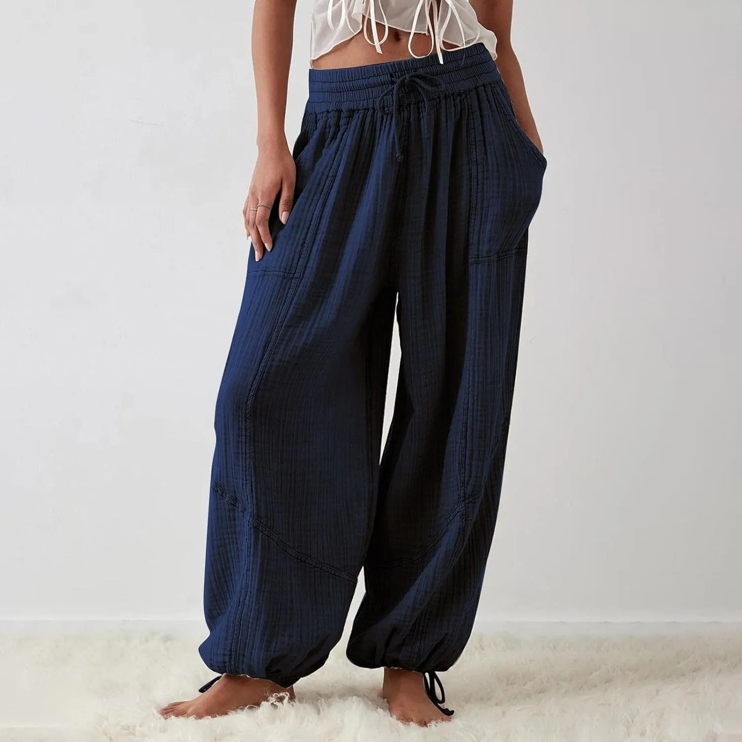 LOAIHA Women's Wide Leg Baggy Pants Drawstring Elastic Waist Harem Pants Casual Palazzo Lounge Trousers with Pockets
