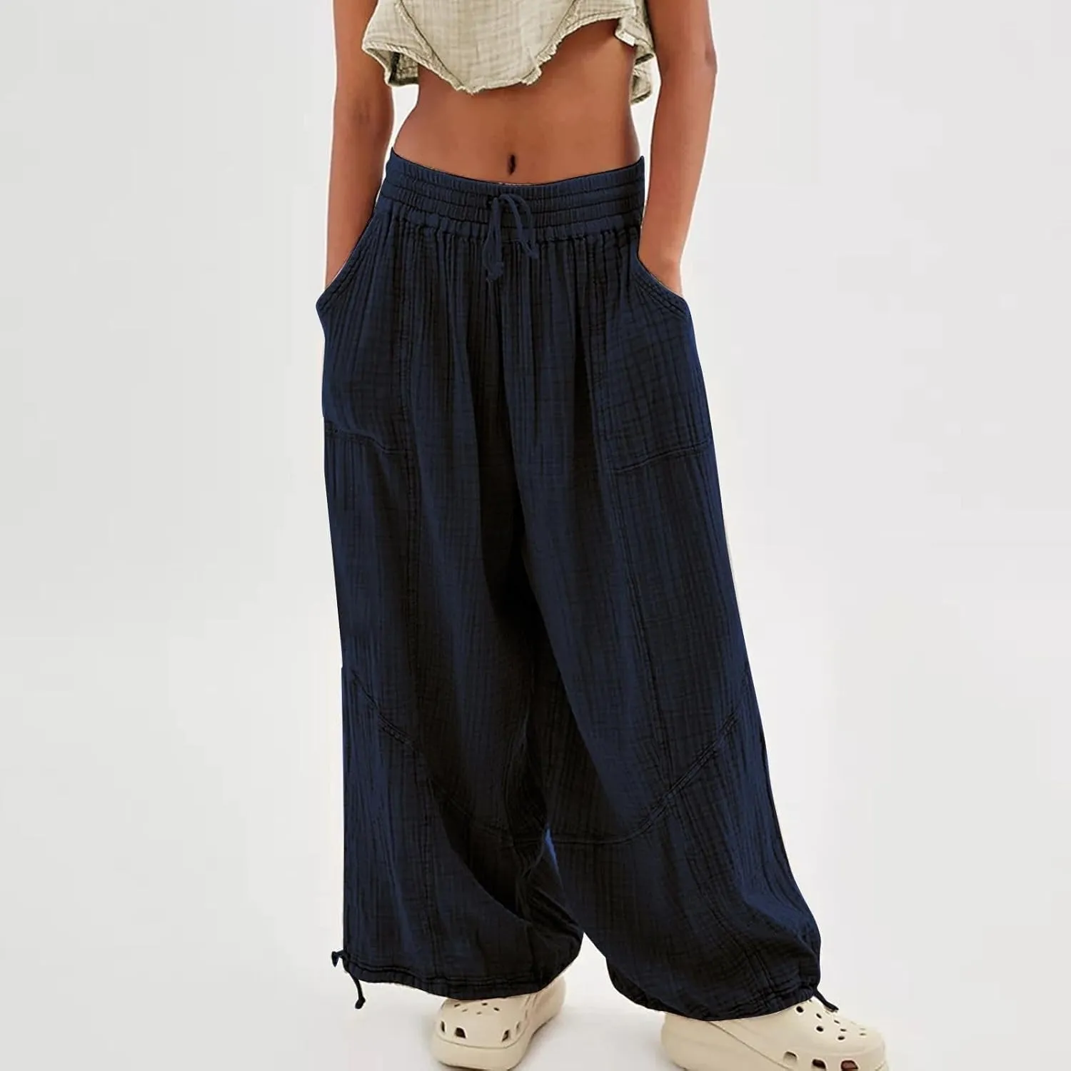 LOAIHA Women's Wide Leg Baggy Pants Drawstring Elastic Waist Harem Pants Casual Palazzo Lounge Trousers with Pockets