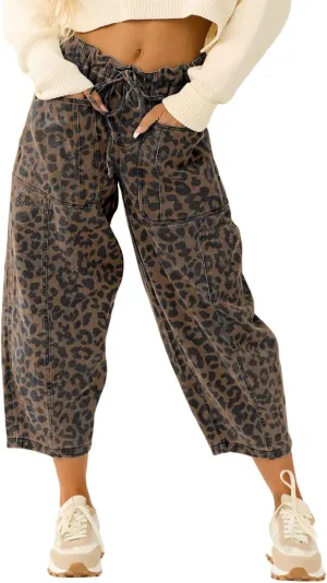 loveimgs Women Loose Leopard Print Cropped Denim Pants Barrel Jeans Elastic Waist Cheetah Wide Leg Harem Pants