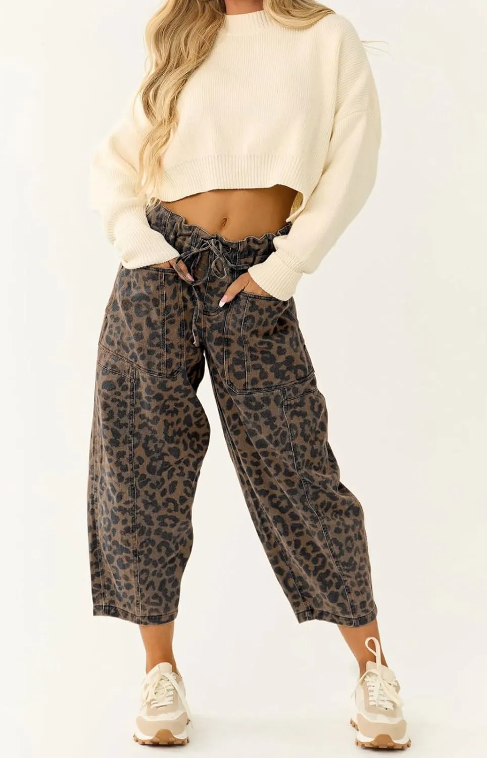 loveimgs Women Loose Leopard Print Cropped Denim Pants Barrel Jeans Elastic Waist Cheetah Wide Leg Harem Pants