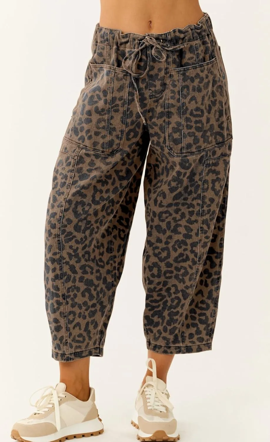 loveimgs Women Loose Leopard Print Cropped Denim Pants Barrel Jeans Elastic Waist Cheetah Wide Leg Harem Pants