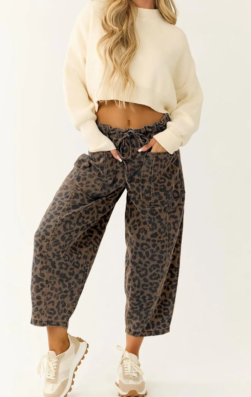 loveimgs Women Loose Leopard Print Cropped Denim Pants Barrel Jeans Elastic Waist Cheetah Wide Leg Harem Pants