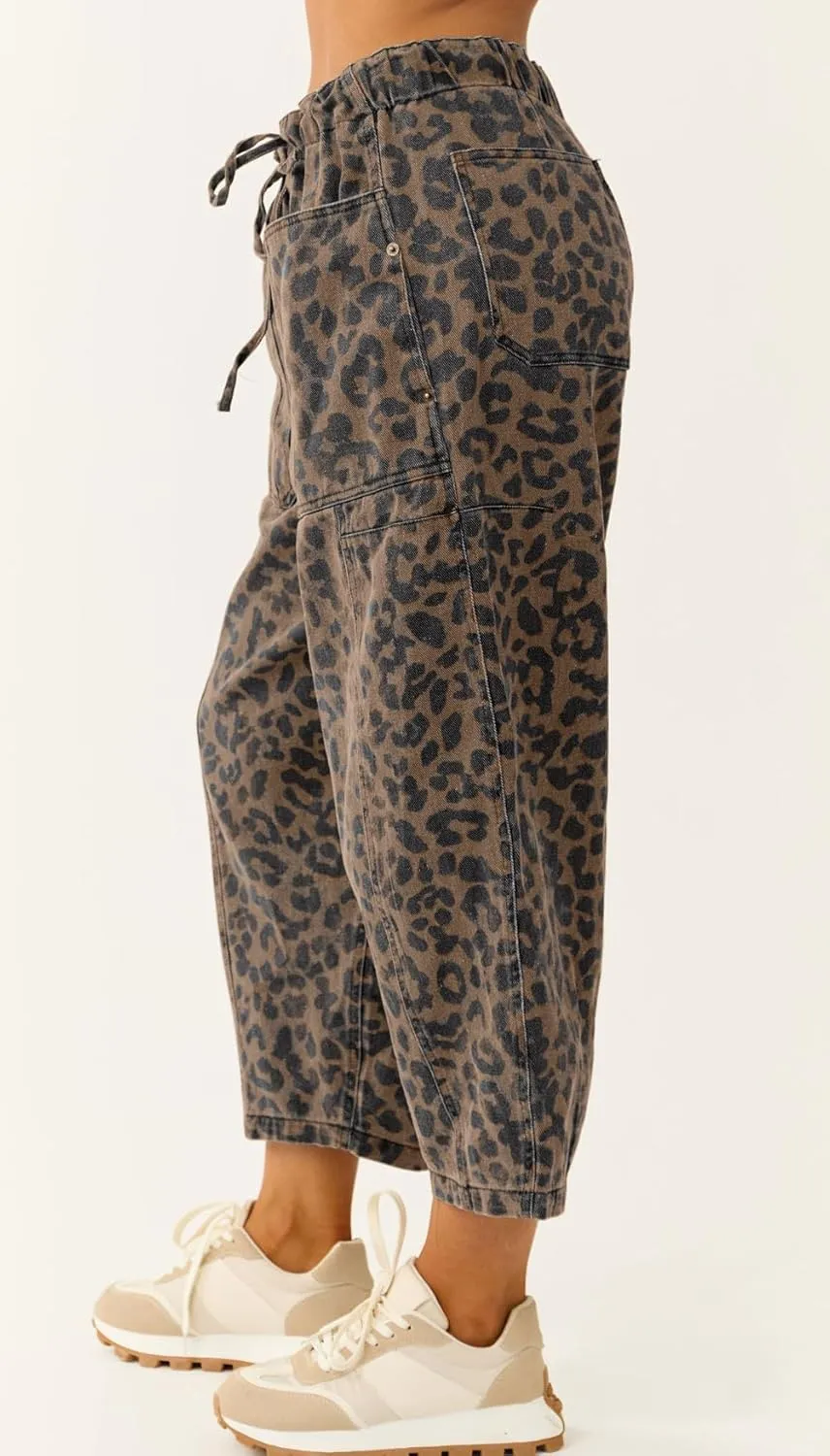 loveimgs Women Loose Leopard Print Cropped Denim Pants Barrel Jeans Elastic Waist Cheetah Wide Leg Harem Pants