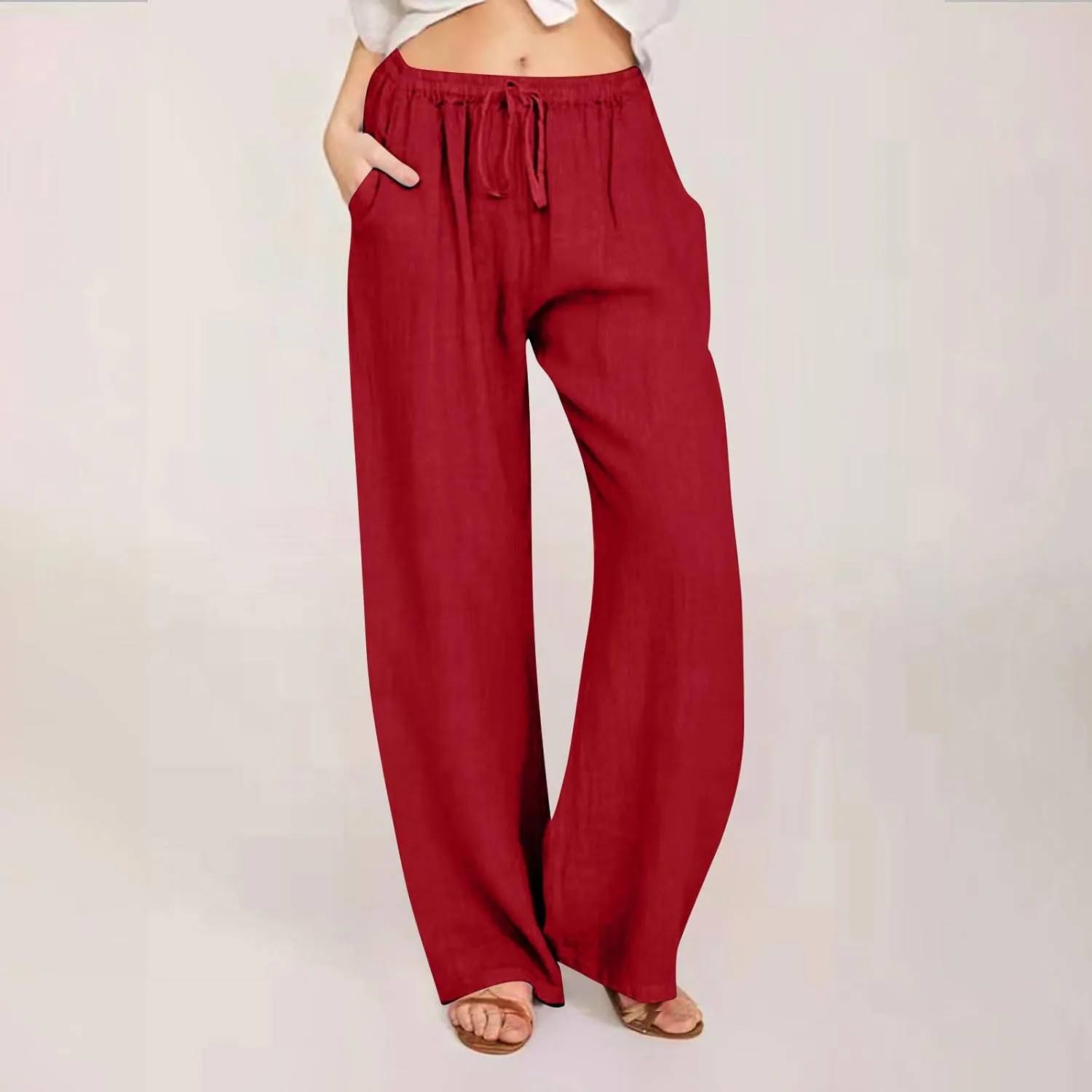 LRMQS Womens Pants Casual Trendy 2024 Spring Drawstring Loose Fit Trouser Lounge Beach Straight Linen Wide Leg Palazzo Outfit