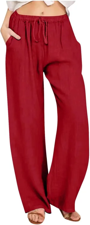LRMQS Womens Pants Casual Trendy 2024 Spring Drawstring Loose Fit Trouser Lounge Beach Straight Linen Wide Leg Palazzo Outfit