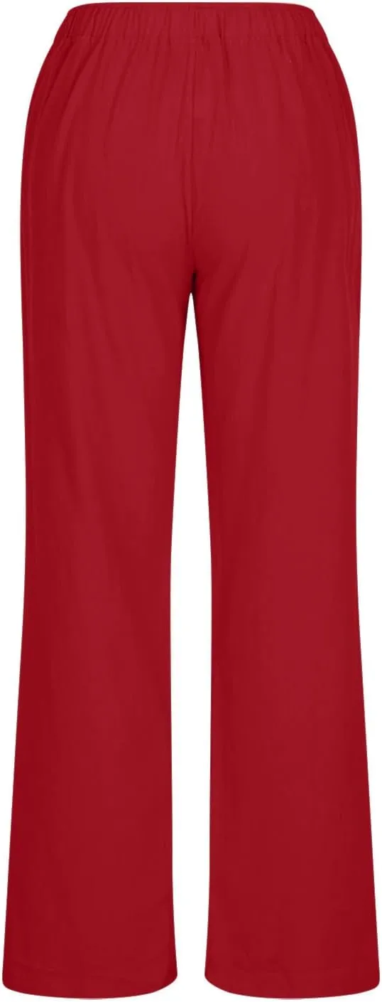 LRMQS Womens Pants Casual Trendy 2024 Spring Drawstring Loose Fit Trouser Lounge Beach Straight Linen Wide Leg Palazzo Outfit