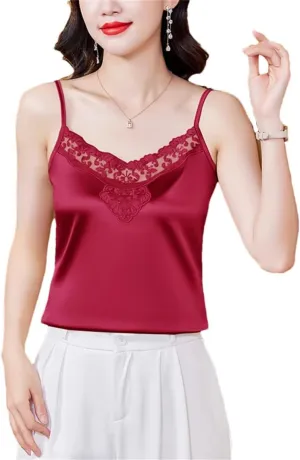 M-4XL Korean Fashion Satin Shirt 2024 Spring Summer New Patchwork Lace Camisole V-Neck Sleeveless Camis Tops