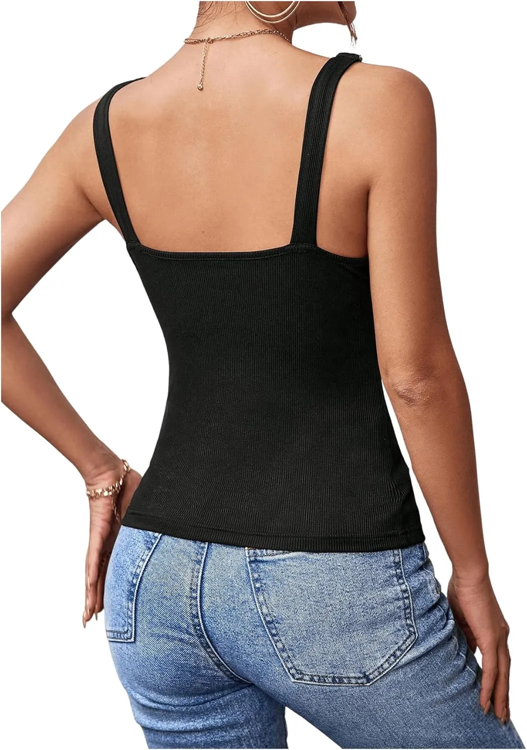 MakeMeChic Women's Casual Solid Spaghetti Strap Sleeveless Camisole Tops Ribbed Knit Tank Top