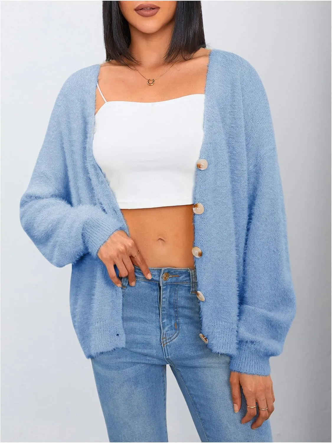 MakeMeChic Women's Fuzzy Cardigan Long Sleeve V Neck Button Down Loose Cardigan Sweater