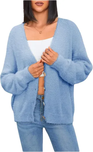 MakeMeChic Women's Fuzzy Cardigan Long Sleeve V Neck Button Down Loose Cardigan Sweater