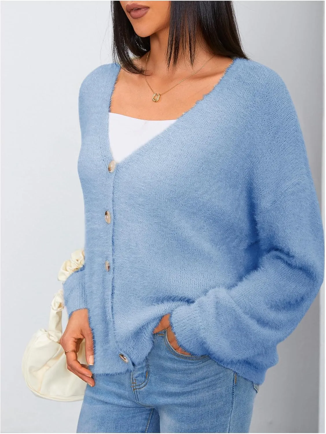 MakeMeChic Women's Fuzzy Cardigan Long Sleeve V Neck Button Down Loose Cardigan Sweater