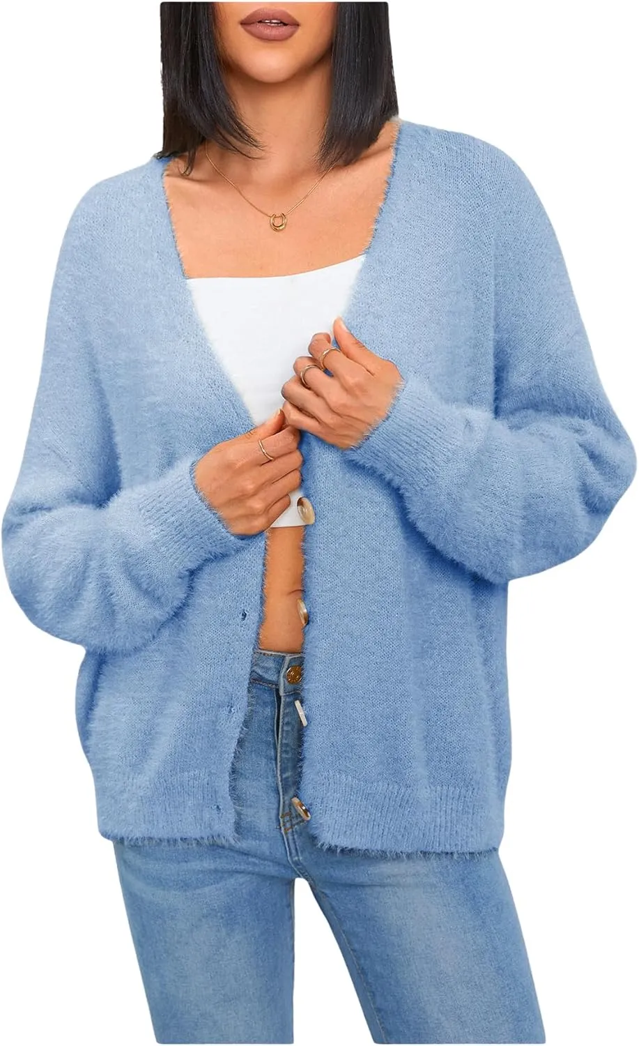 MakeMeChic Women's Fuzzy Cardigan Long Sleeve V Neck Button Down Loose Cardigan Sweater