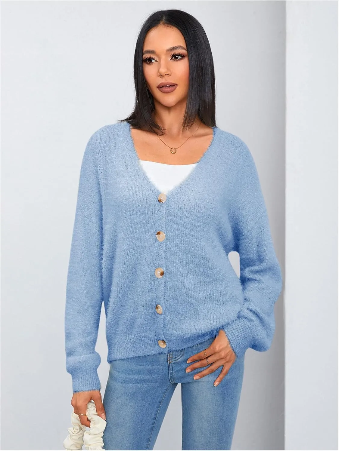 MakeMeChic Women's Fuzzy Cardigan Long Sleeve V Neck Button Down Loose Cardigan Sweater