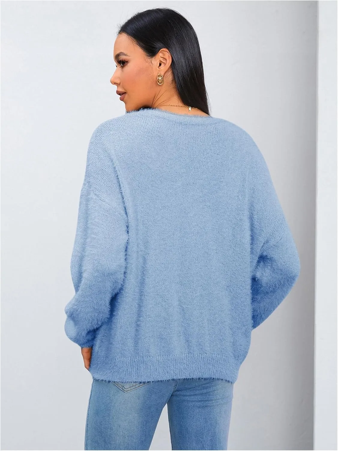 MakeMeChic Women's Fuzzy Cardigan Long Sleeve V Neck Button Down Loose Cardigan Sweater