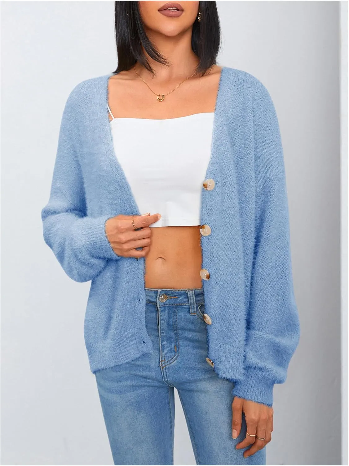 MakeMeChic Women's Fuzzy Cardigan Long Sleeve V Neck Button Down Loose Cardigan Sweater