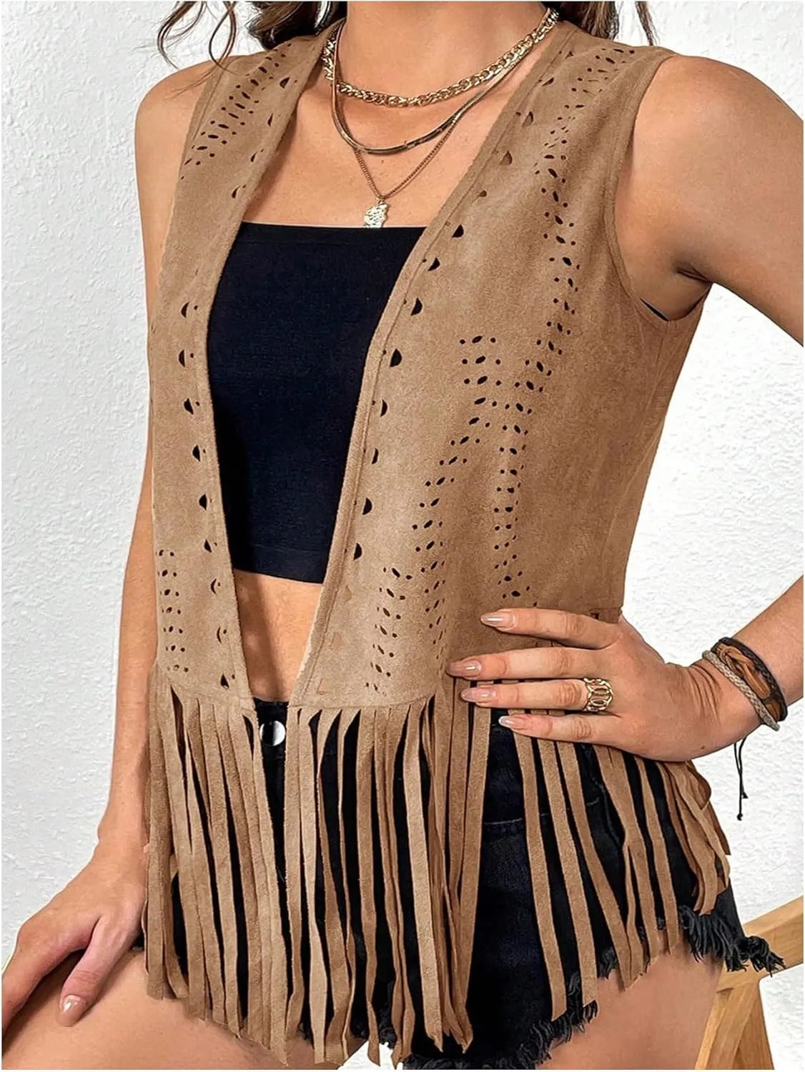 MakeMeChic Women's Plus Size Western Outfit Open Front Suede Fringe Vest Tassel Jacket Cowgirl Tops