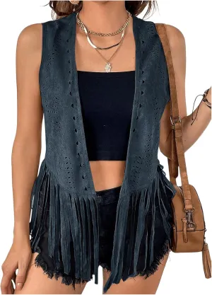 MakeMeChic Women's Plus Size Western Outfit Open Front Suede Fringe Vest Tassel Jacket Cowgirl Tops