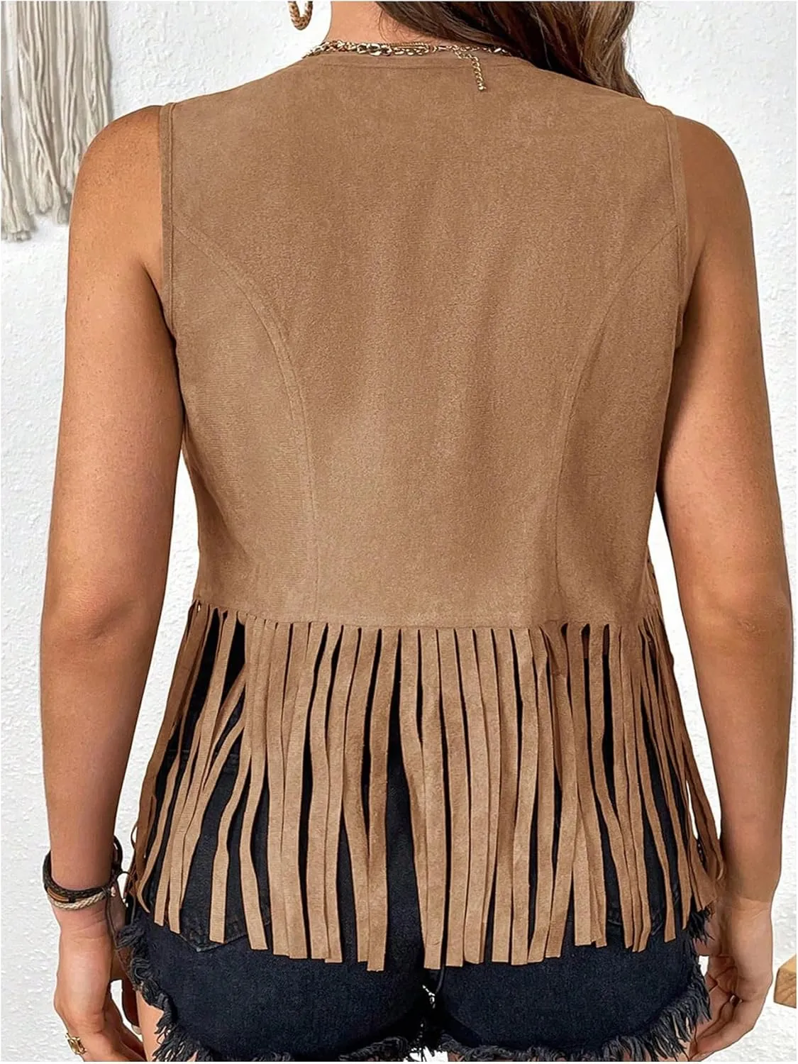 MakeMeChic Women's Plus Size Western Outfit Open Front Suede Fringe Vest Tassel Jacket Cowgirl Tops