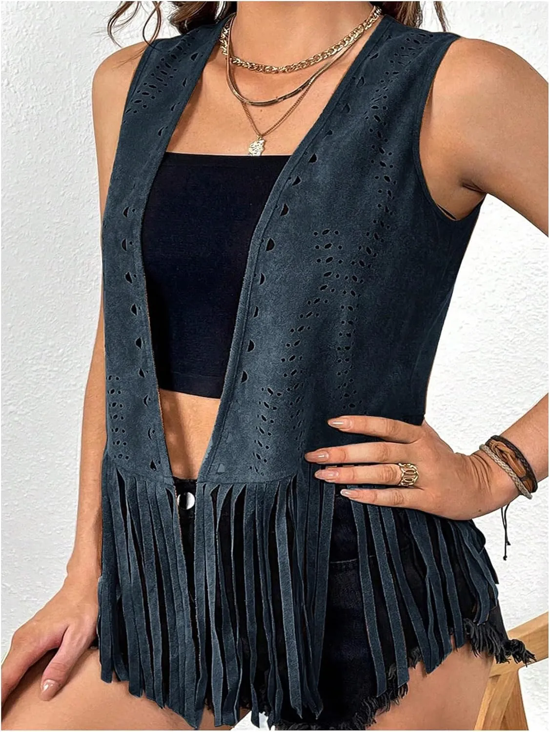 MakeMeChic Women's Plus Size Western Outfit Open Front Suede Fringe Vest Tassel Jacket Cowgirl Tops