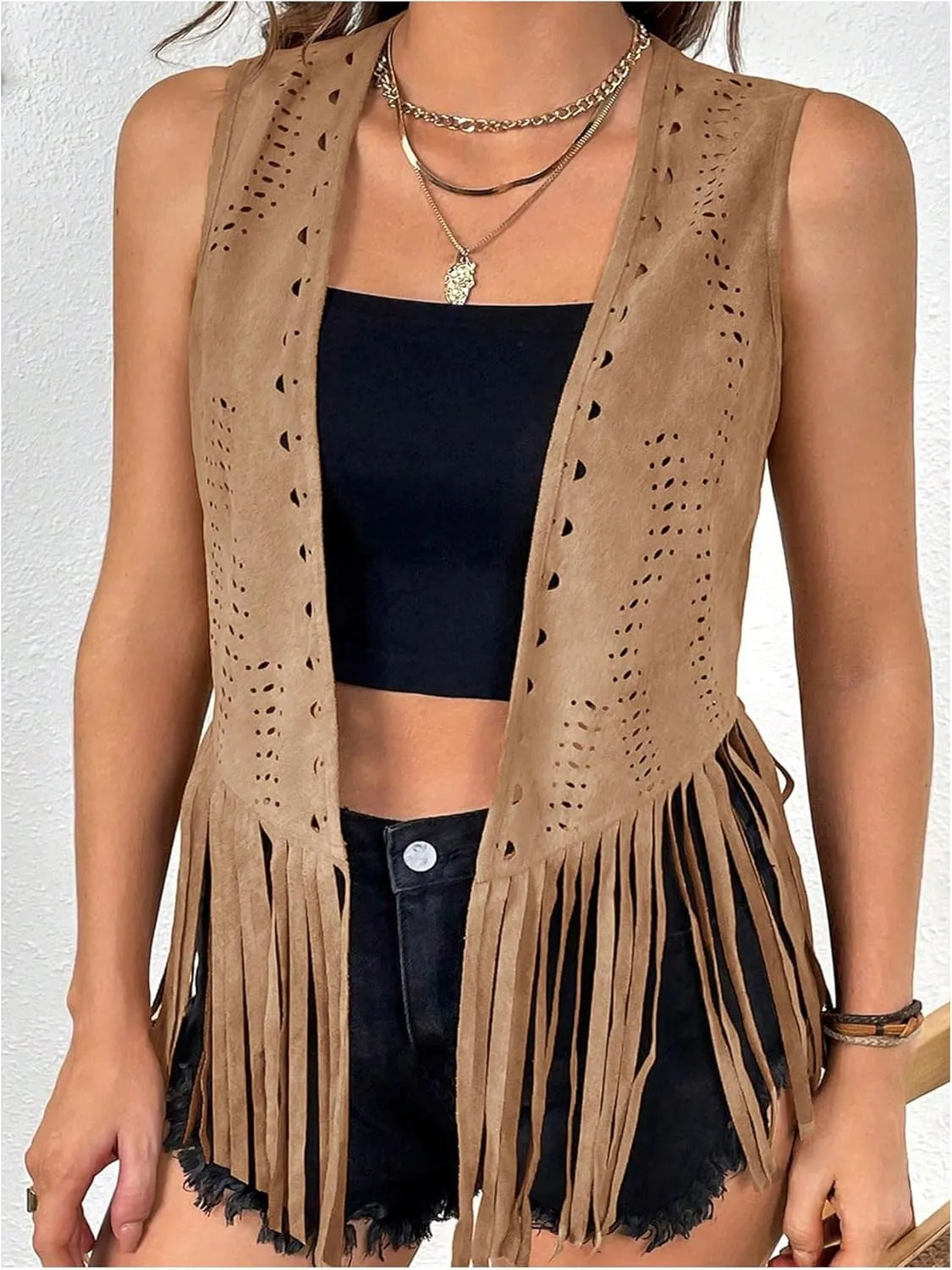 MakeMeChic Women's Plus Size Western Outfit Open Front Suede Fringe Vest Tassel Jacket Cowgirl Tops