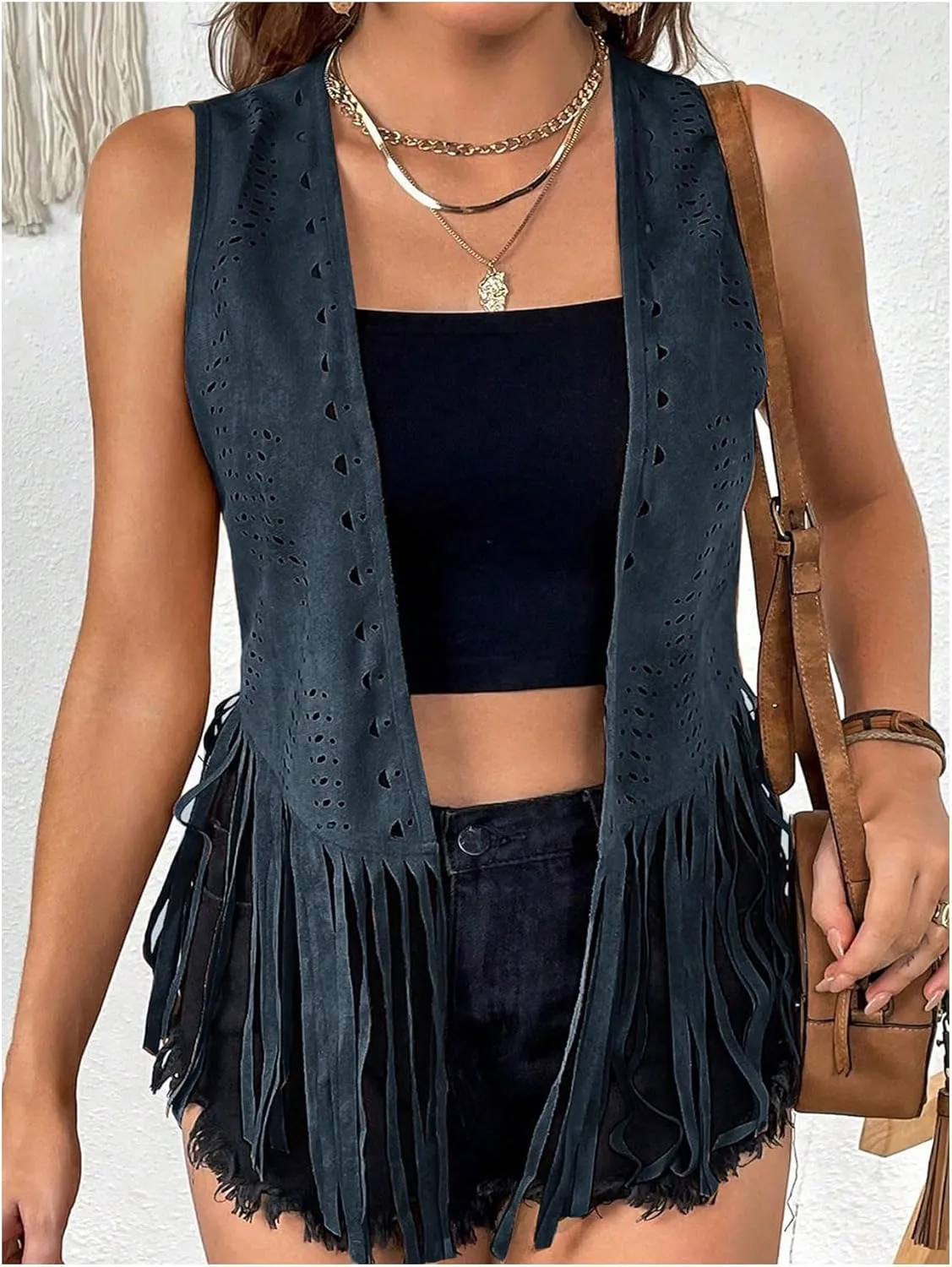 MakeMeChic Women's Plus Size Western Outfit Open Front Suede Fringe Vest Tassel Jacket Cowgirl Tops