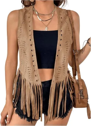 MakeMeChic Women's Plus Size Western Outfit Open Front Suede Fringe Vest Tassel Jacket Cowgirl Tops