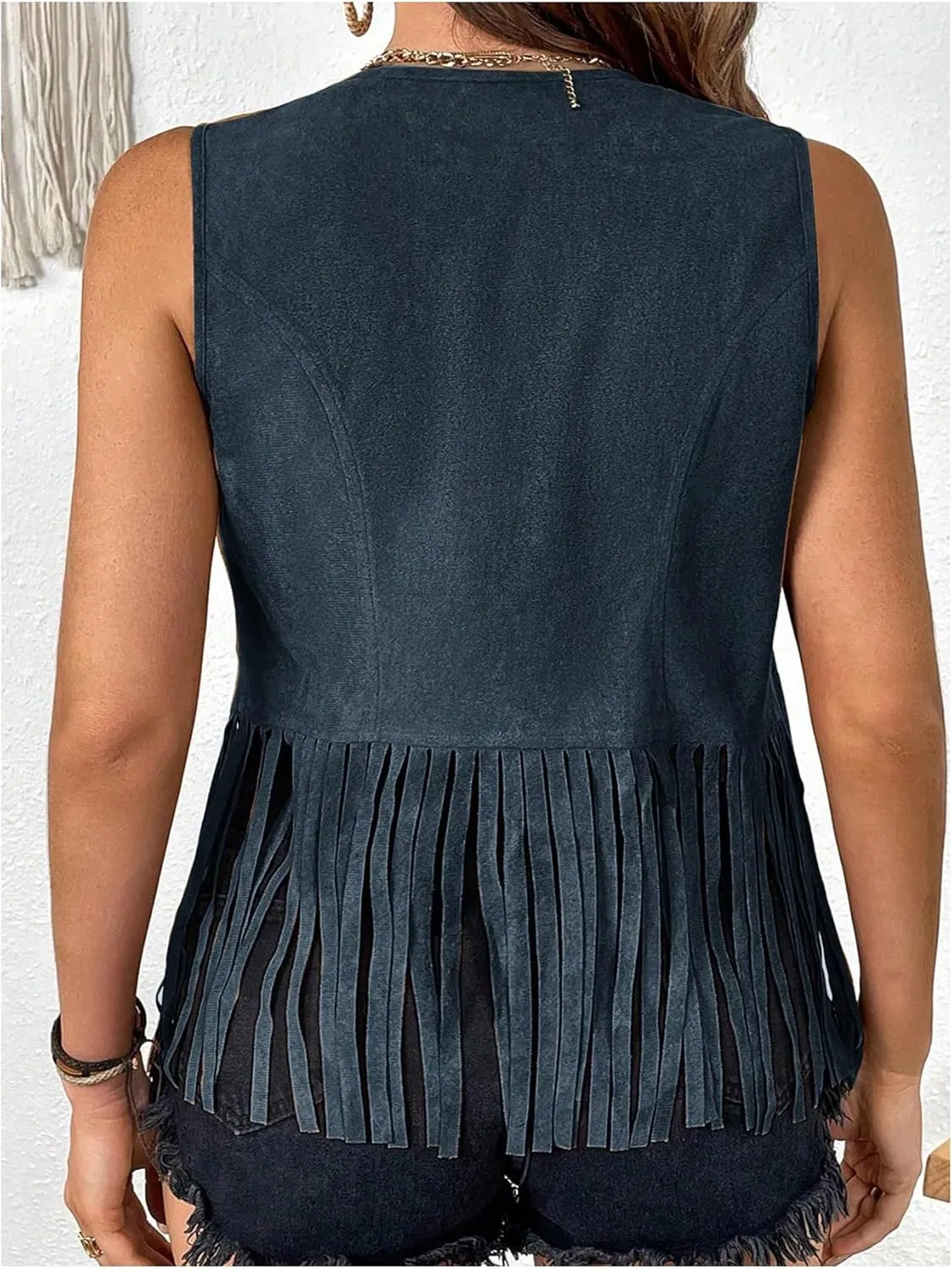 MakeMeChic Women's Plus Size Western Outfit Open Front Suede Fringe Vest Tassel Jacket Cowgirl Tops