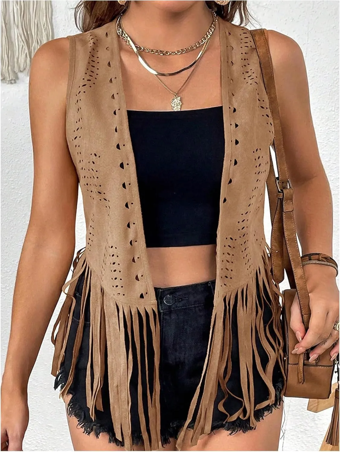 MakeMeChic Women's Plus Size Western Outfit Open Front Suede Fringe Vest Tassel Jacket Cowgirl Tops