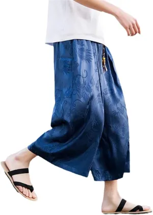 Men Baggy Pants Chinese Style Draped Harem Traditional Wide Leg Male Calf-Length