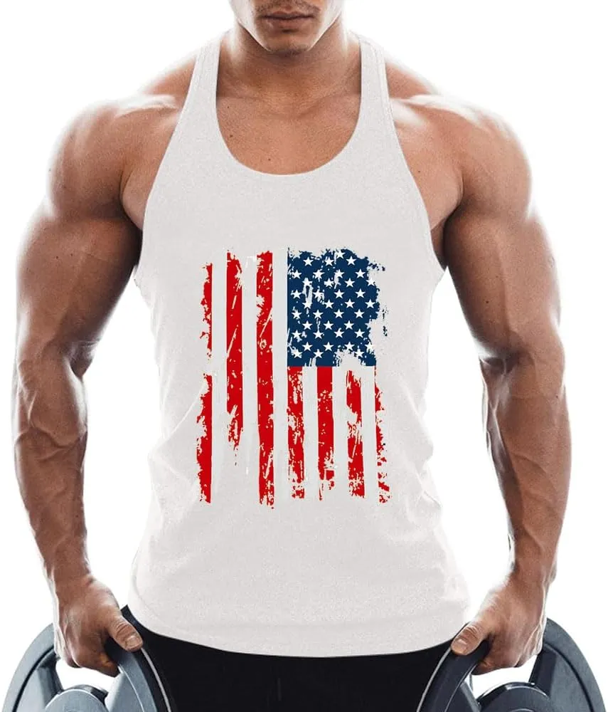 Men's American Flag Tank Tops Y-Back Sleeveless Muscle Stringer Graphic Gym Workout USA Tank