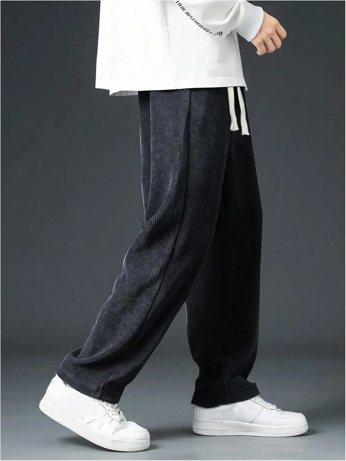 Men's Baggy Pants Tie Front Drawstring Waist Corduroy Pants Casual Loose Straight Leg Pants Trousers