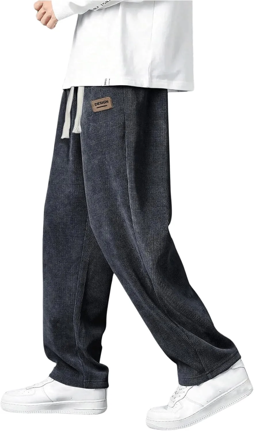 Men's Baggy Pants Tie Front Drawstring Waist Corduroy Pants Casual Loose Straight Leg Pants Trousers