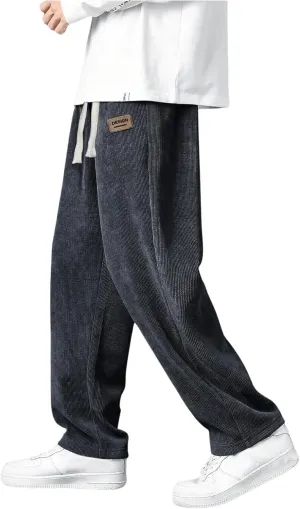 Men's Baggy Pants Tie Front Drawstring Waist Corduroy Pants Casual Loose Straight Leg Pants Trousers