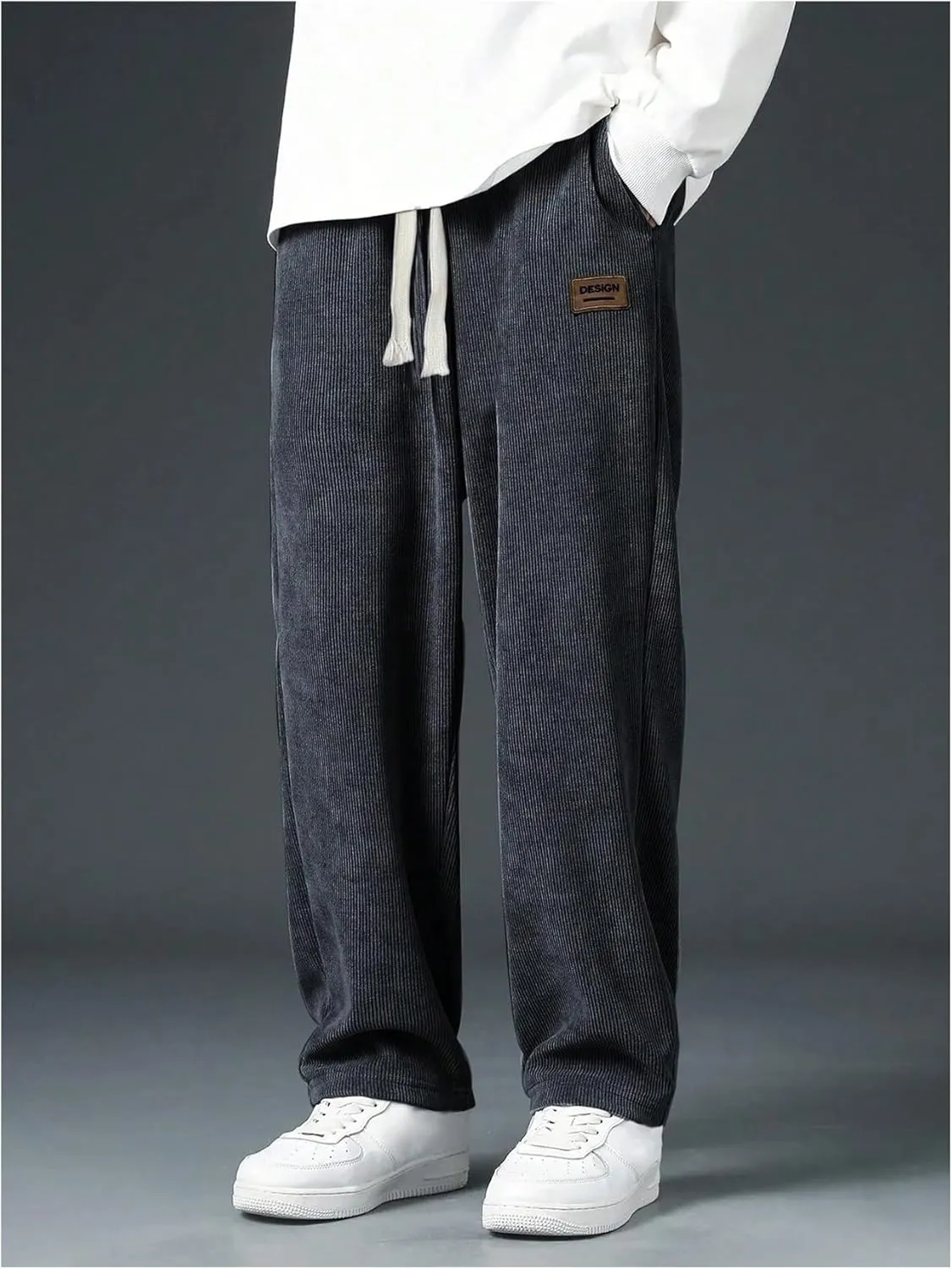 Men's Baggy Pants Tie Front Drawstring Waist Corduroy Pants Casual Loose Straight Leg Pants Trousers