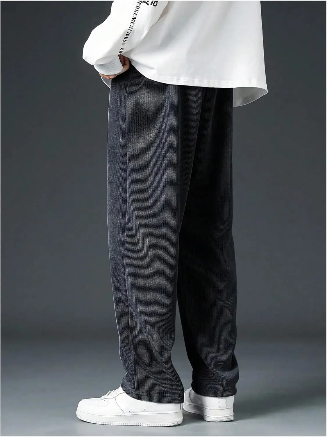 Men's Baggy Pants Tie Front Drawstring Waist Corduroy Pants Casual Loose Straight Leg Pants Trousers