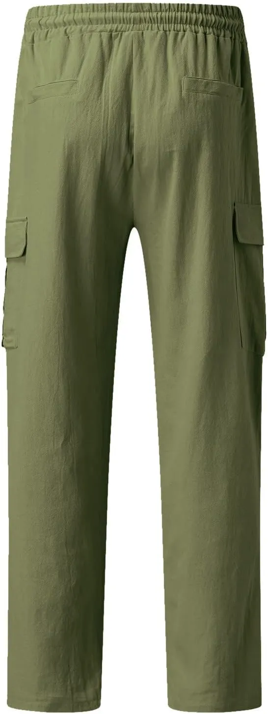 Men's Cargo Linen Pants Casual Drawstring Summer Beach Pants Elastic Waist Lounge Trousers with Pockets
