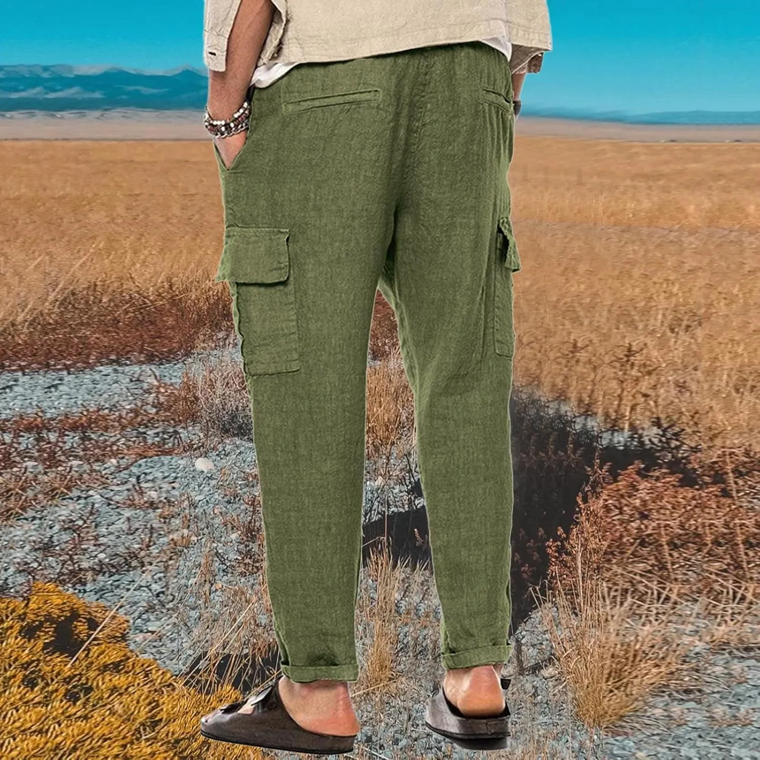 Men's Cargo Linen Pants Casual Drawstring Summer Beach Pants Elastic Waist Lounge Trousers with Pockets