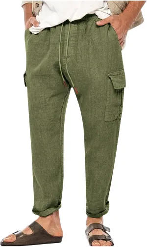 Men's Cargo Linen Pants Casual Drawstring Summer Beach Pants Elastic Waist Lounge Trousers with Pockets