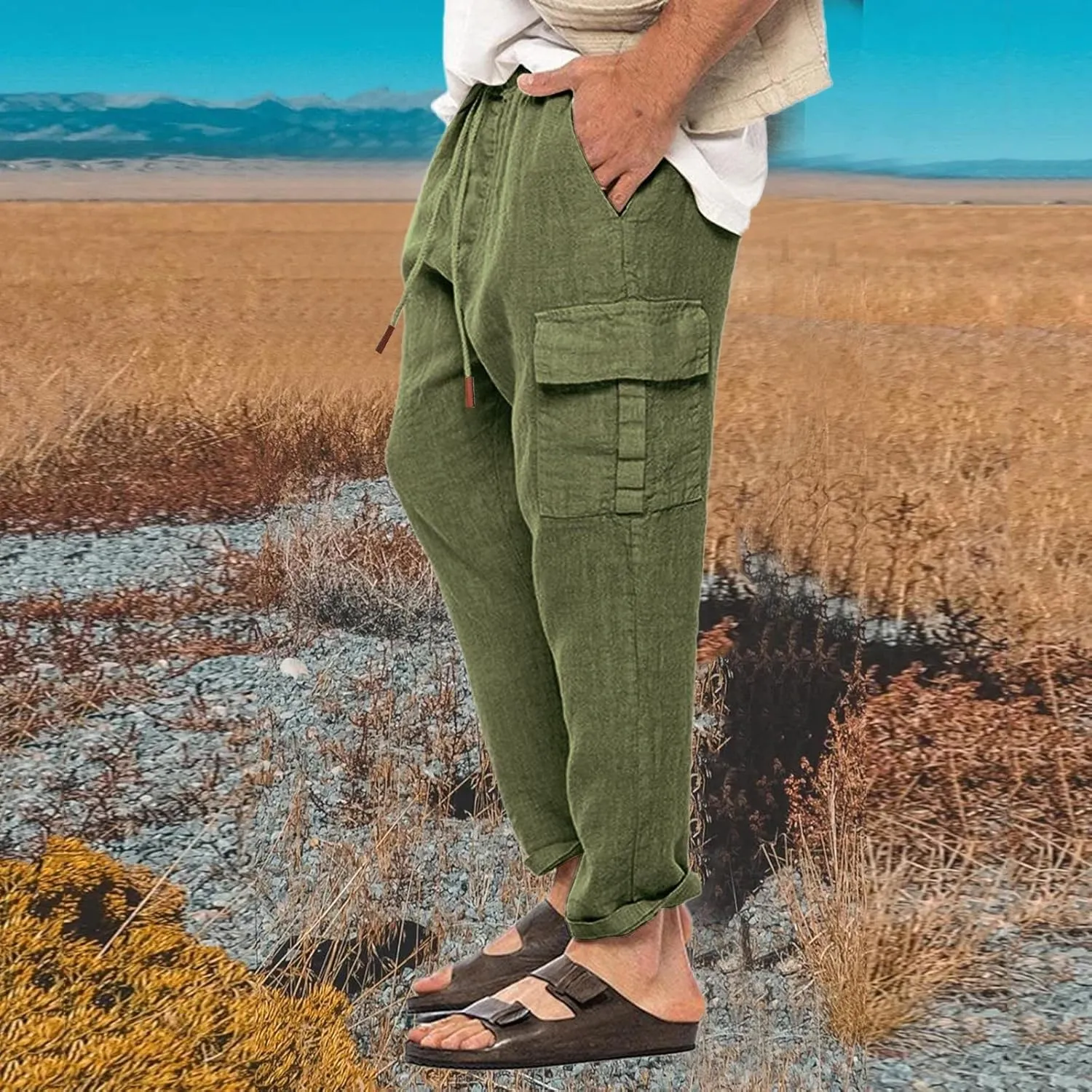 Men's Cargo Linen Pants Casual Drawstring Summer Beach Pants Elastic Waist Lounge Trousers with Pockets
