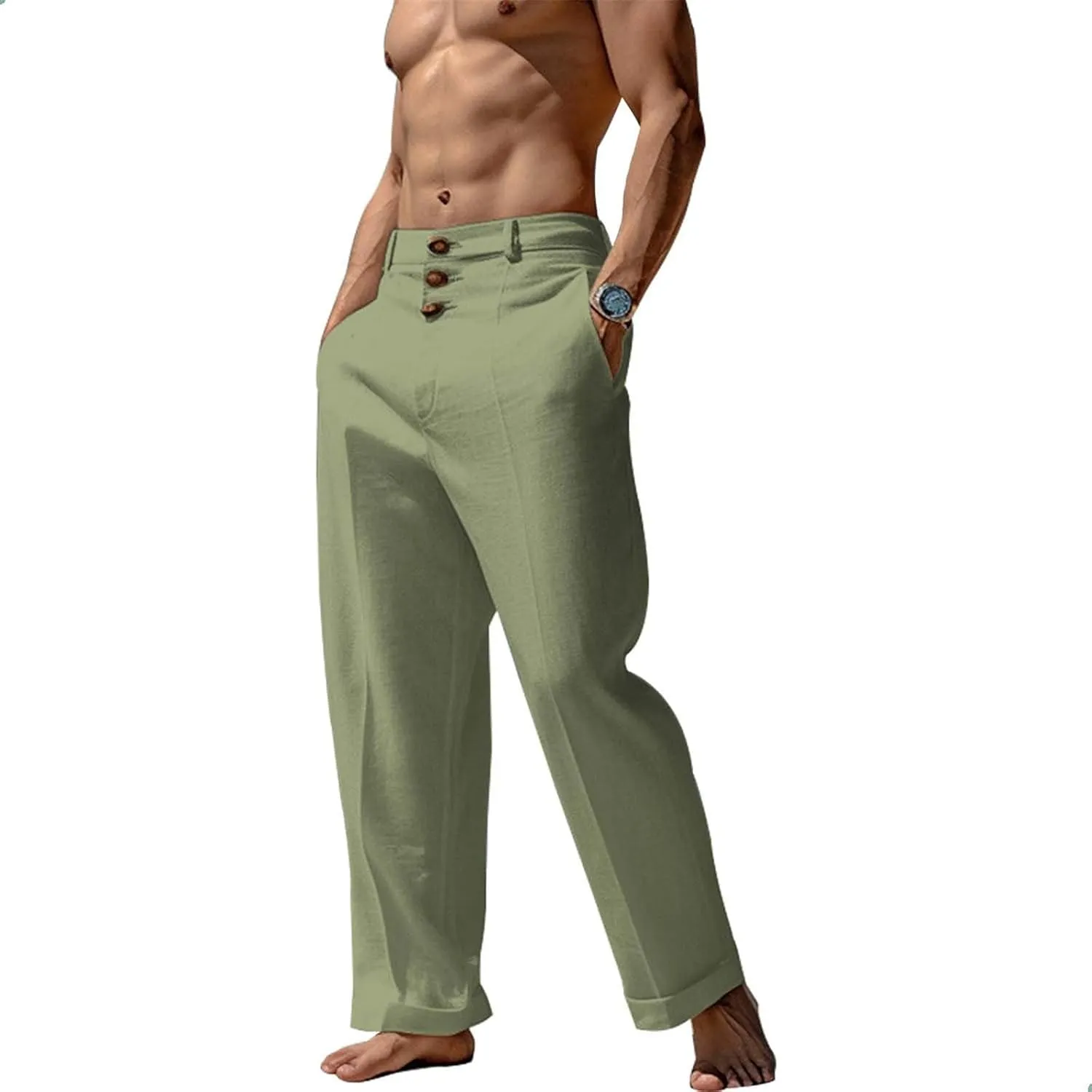 Mens Casual Linen Loose Fit Elastic Drawstring Waist Straight Legs Lightweight Summer Beach Yoga Long Pants