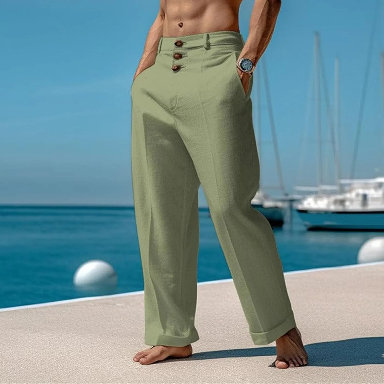 Mens Casual Linen Loose Fit Elastic Drawstring Waist Straight Legs Lightweight Summer Beach Yoga Long Pants