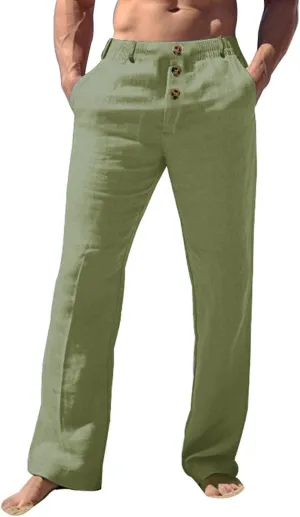 Mens Casual Linen Loose Fit Elastic Drawstring Waist Straight Legs Lightweight Summer Beach Yoga Long Pants