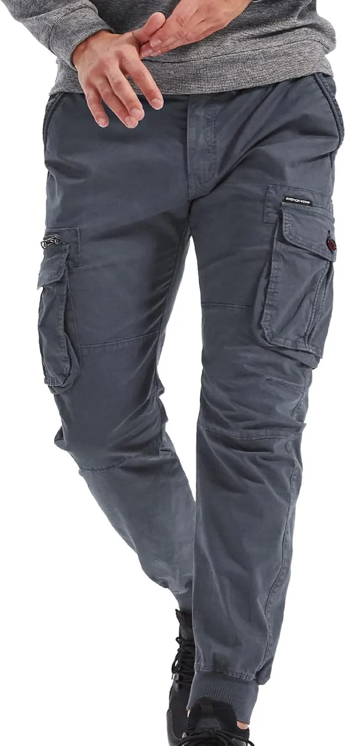 Mens Linen Pants Drawstring Buckle Zipper Cargo Pants Multi Pockets Solid Beam Feet Athletic Sweatpants Outdoor
