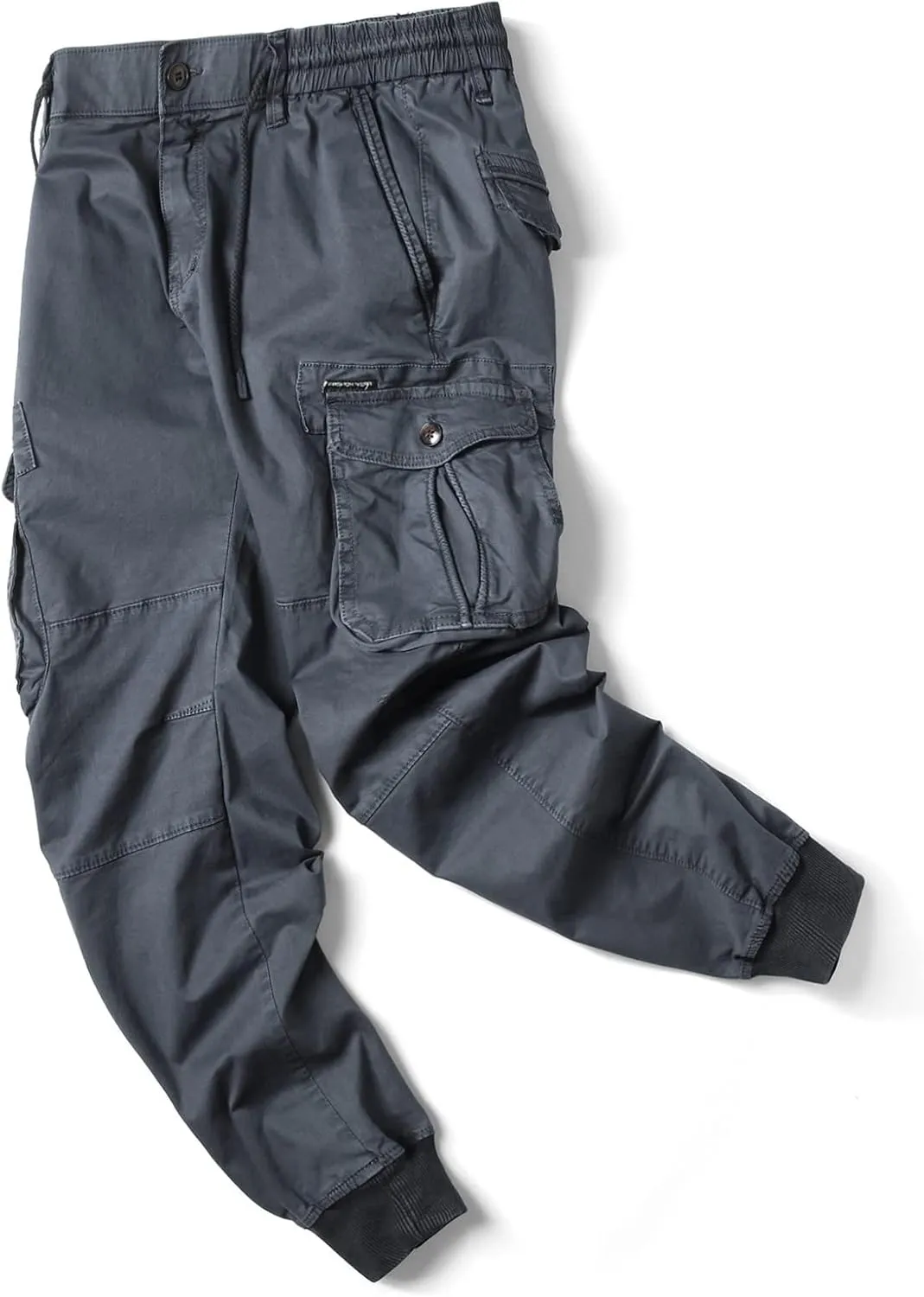 Mens Linen Pants Drawstring Buckle Zipper Cargo Pants Multi Pockets Solid Beam Feet Athletic Sweatpants Outdoor