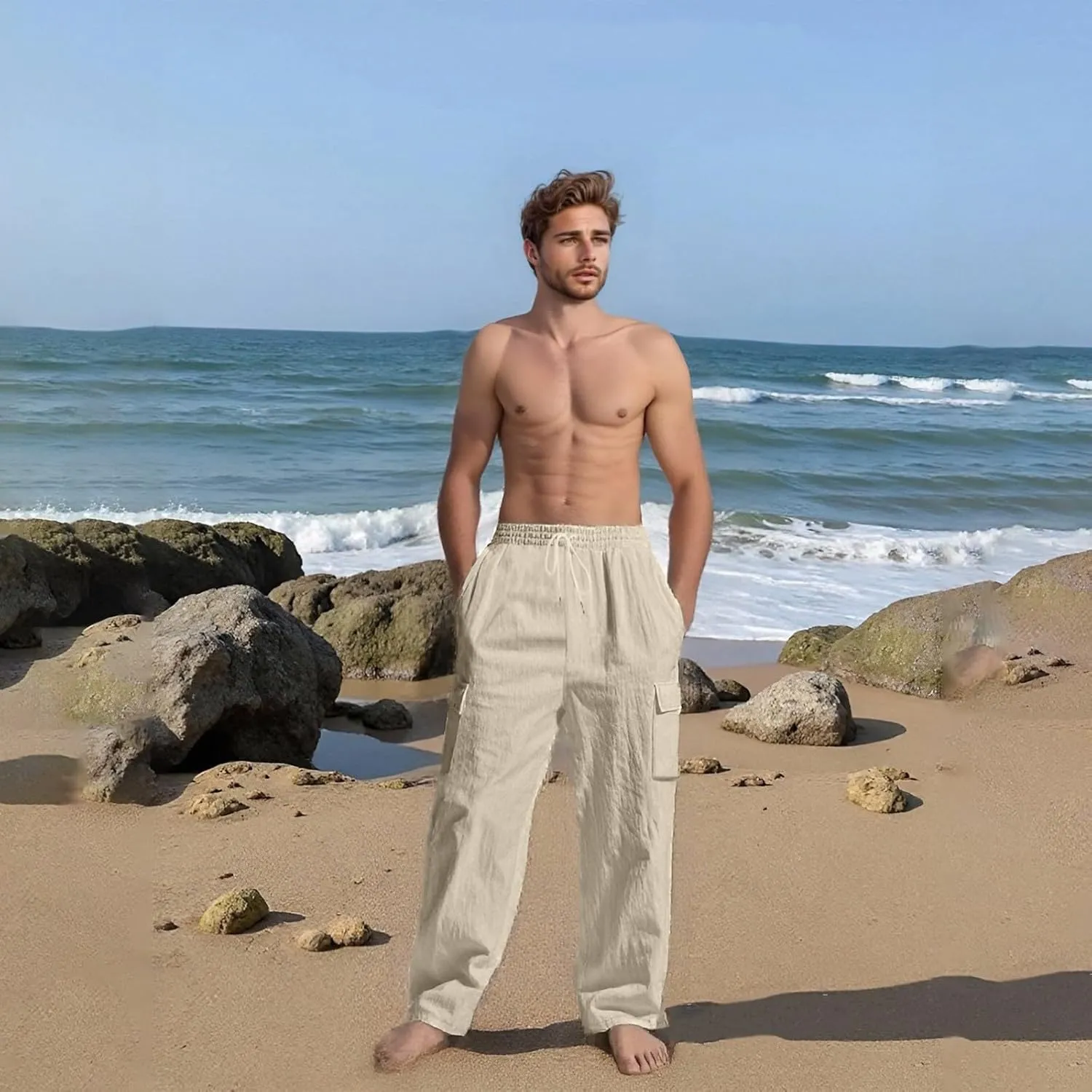 Men's Linen Pants Pants for Men Baggy Straight Leg High Waisted Loose Fit Cotton Linen Casual Summer Beach Pant